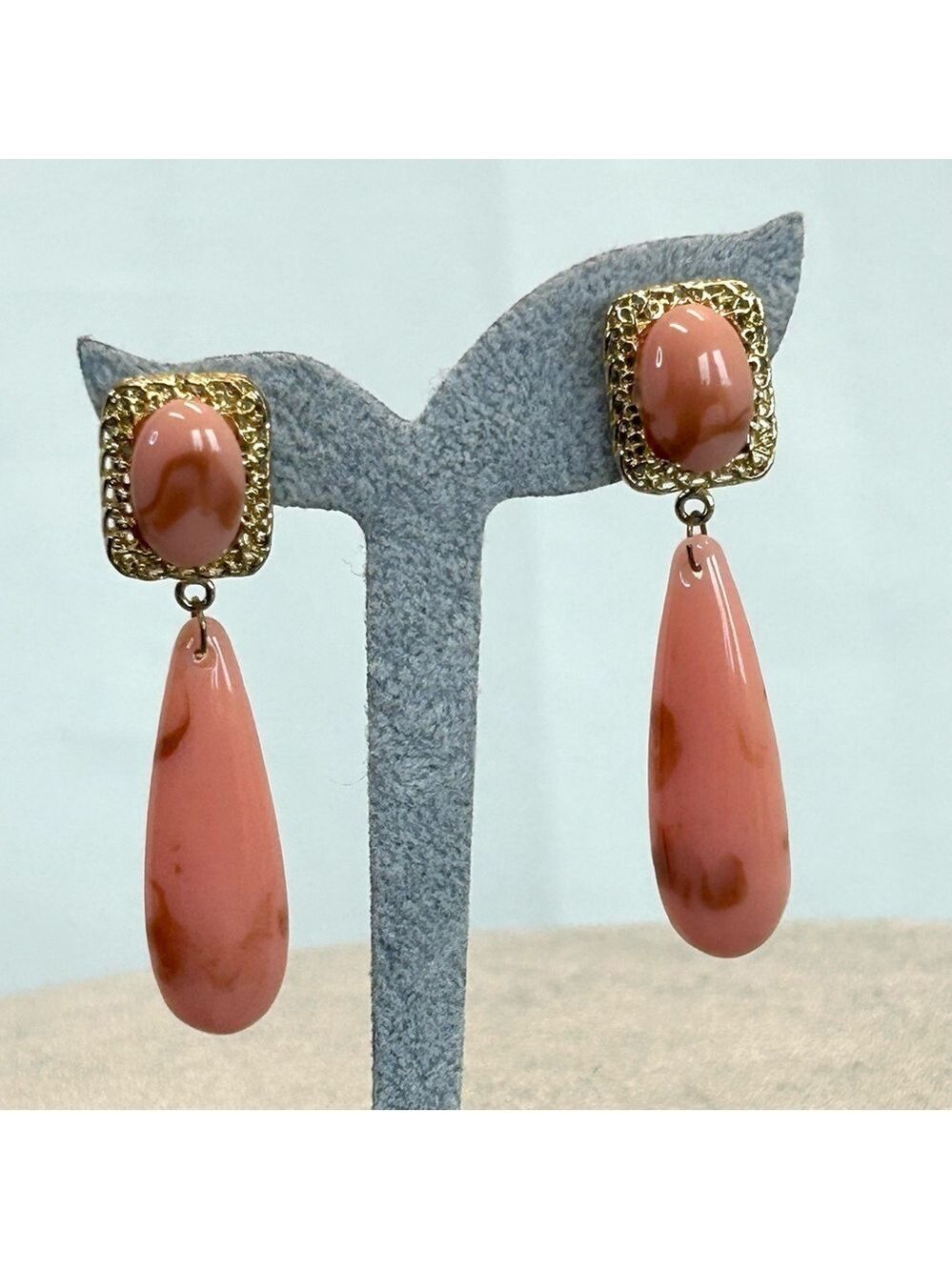 Coral pink marbled teardrop dangling earrings
